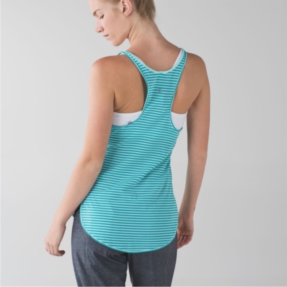 lululemon What The Sport Singlet Racerback‎ Tank Sz8 Silver Stripe Peacock Blue